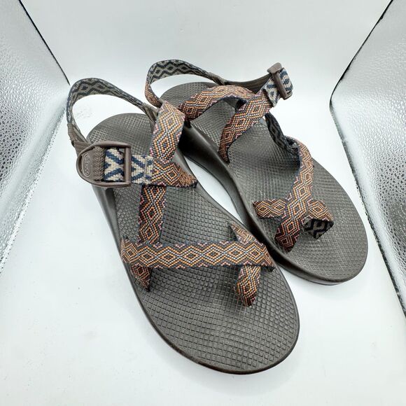 CHACO Performance Sport Sandals Men's 12 Hiking Toe Loop Brown Orange Strappy - Picture 1 of 13